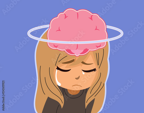 Cartoon illustration of a little girl crying, showing a symbolic brain in pain. Drawing for mental health challenges, emotional pain or child psychology