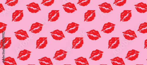 Cartoon pattern of red lipstick kisses over a pink background. Drawing for beauty branding, cosmetic packaging, or romantic fashion products