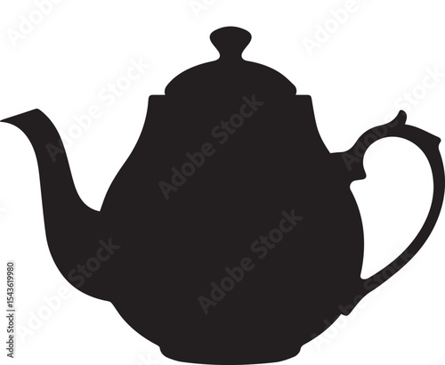 Steaming teapot silhouette, English tea concept, black vector design, vintage kettle shape, traditional drink icon, elegant home kitchen art, classic brewing symbol