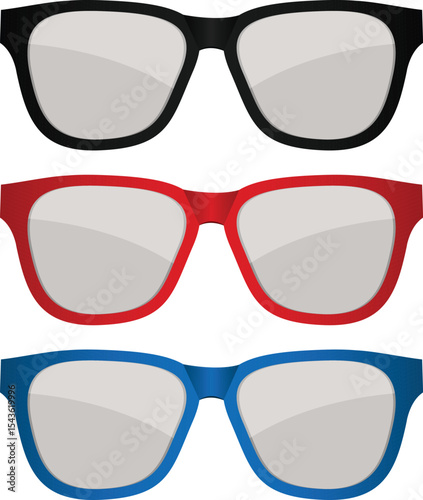 Three colorful pairs of eyeglasses in black, red, and blue frames. Style.