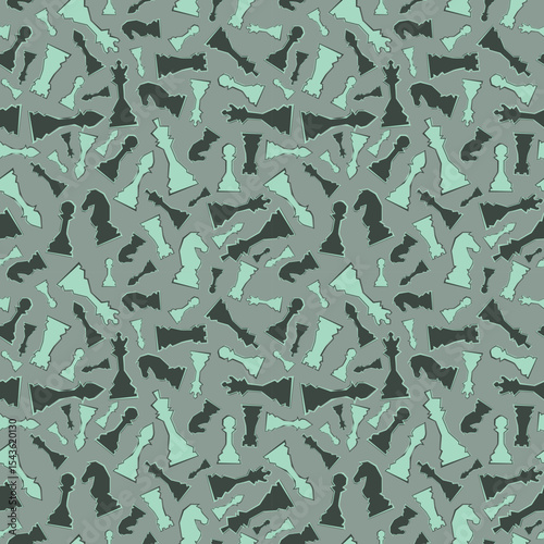 Abstract Seamless pattern in chess style with chess figures and chessboard for design, textile, fabric, surface textures, packaging, scrapbooking, chess school or chess club.