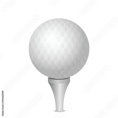 A white textured golf ball sits atop a gray golf tee, ready for a swing.
