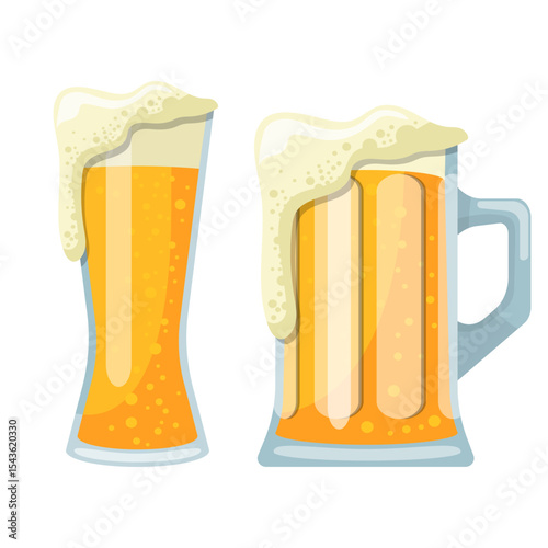 Two refreshing glasses of beer, one a tall glass and the other a mug.  