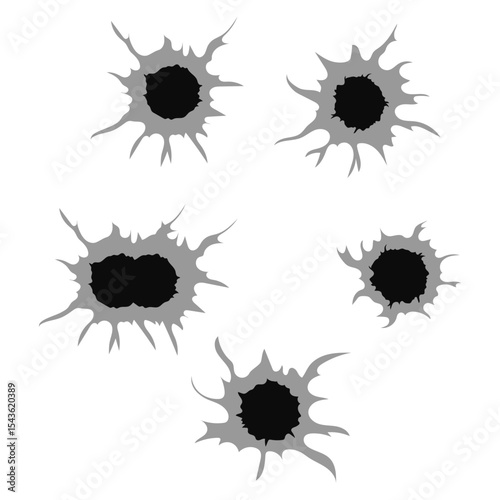 Five simulated bullet holes shatter a stark white surface with sharp edges.