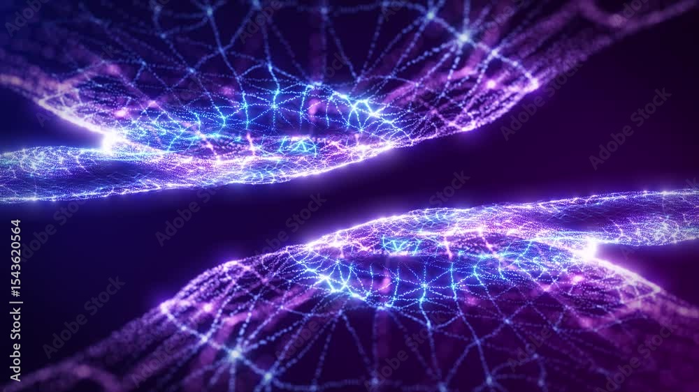 Abstract purple digital dynamic particle waves with motion light background, data flow, cyber technology. 3d rendering. Seamless loop video 4k. Video intro animation