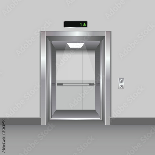 Modern elevator with open doors, displayed on the first floor of building.