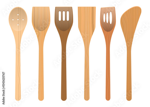 Assortment of wooden kitchen utensils, including spoons and slotted spatulas.