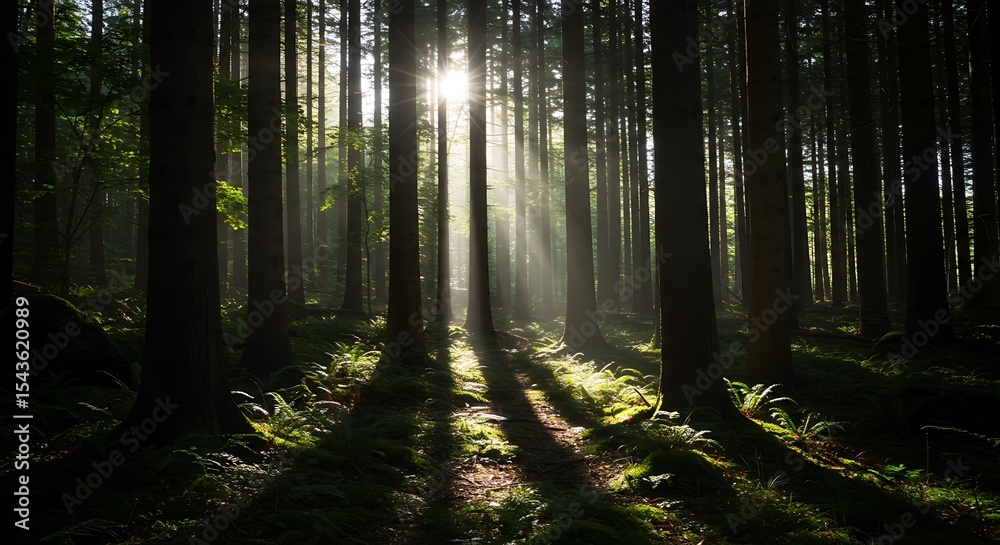 Obraz premium Sunbeams filtering through a dense forest