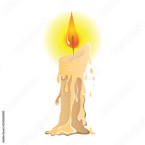 Illuminated candle with dripping wax creating warm glow on white surface.