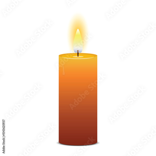 A lit candle, creating a warm glow, against a white background.