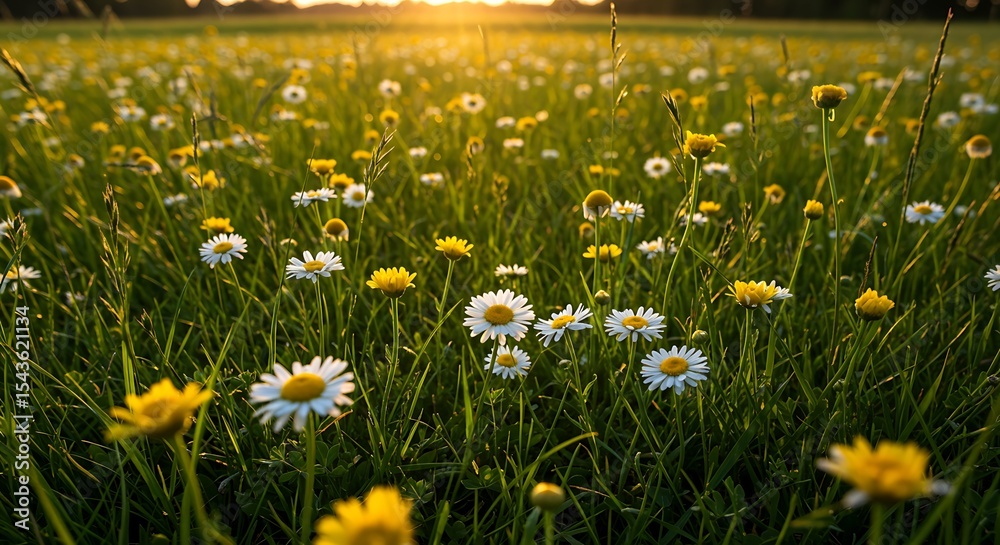Fototapeta premium A vibrant meadow filled with daisies under the golden sunlight