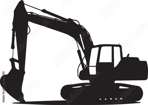Excavator silhouette, heavy equipment design, construction machinery, powerful digger arm, industrial machine, tracked vehicle, minimal black shape, earthmoving concept, work tool profile