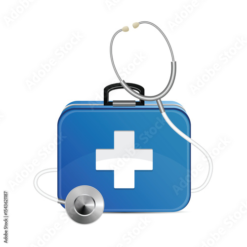 Blue first aid kit with stethoscope, isolated on white, healthcare concept.