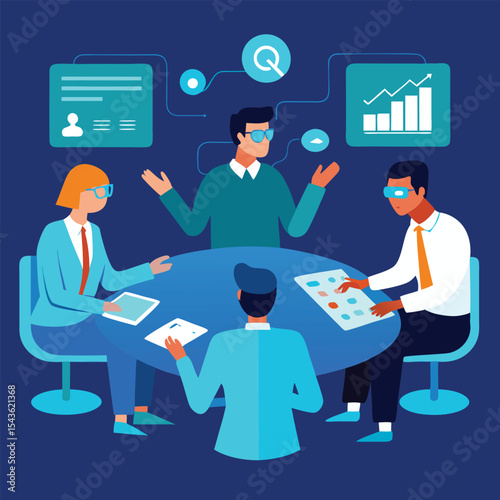 augmented reality data visualized in futuristic business meeting scene