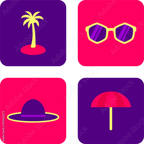 Neon Flat Summer Icons Pack – Bold & Bright Vacation Vibes