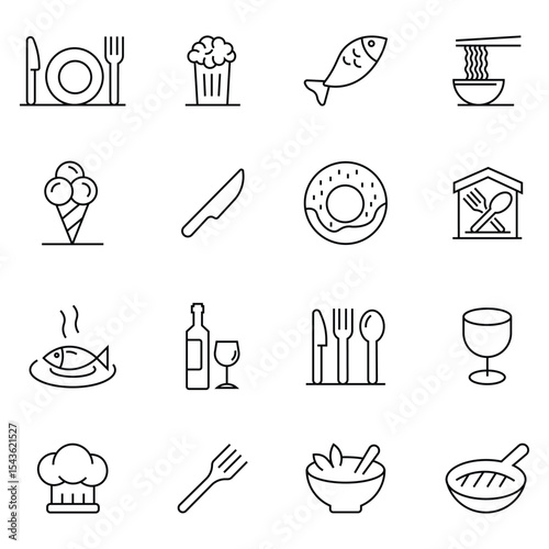 Restaurant Line Editable Icons set. Containing fork, spoon, tray, chef hat, beverage, food, knife, plate and more. Restaurant sign and symbol. Vector illustration