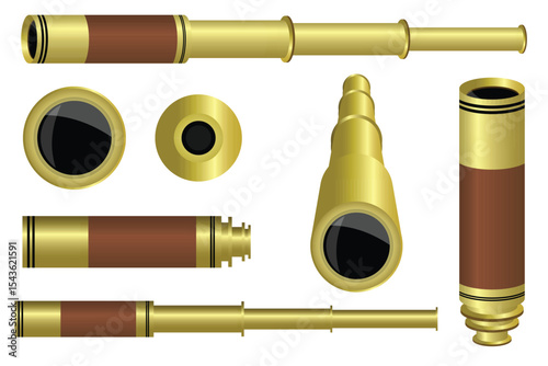 Collection of a Brass Telescope Images Showing the Full Device and the Lenses