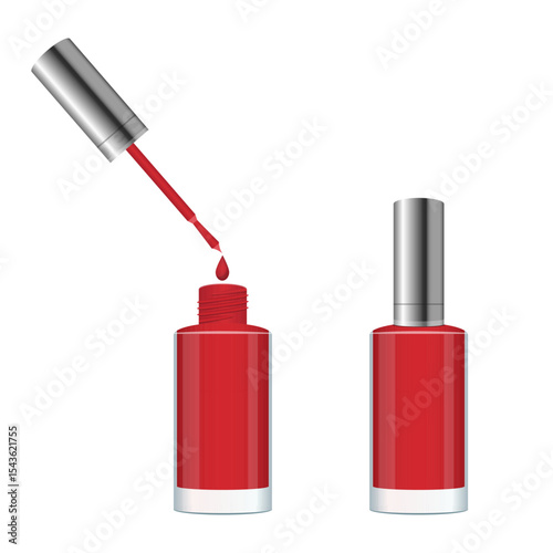 Red Nail Polish Bottle Set, Open and Closed, with Silver Caps, Isolated