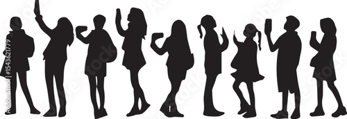 Silhouettes of people with smartphones, modern digital life, selfie culture, mobile addiction, tech lifestyle, social media focus, screen time, urban youth behavior