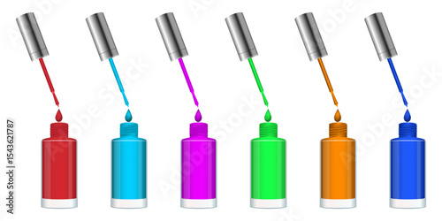 Colorful nail polish bottles stand in a row, each with a different color