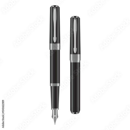 Elegant black fountain pen with silver accents beside a capped pen.
