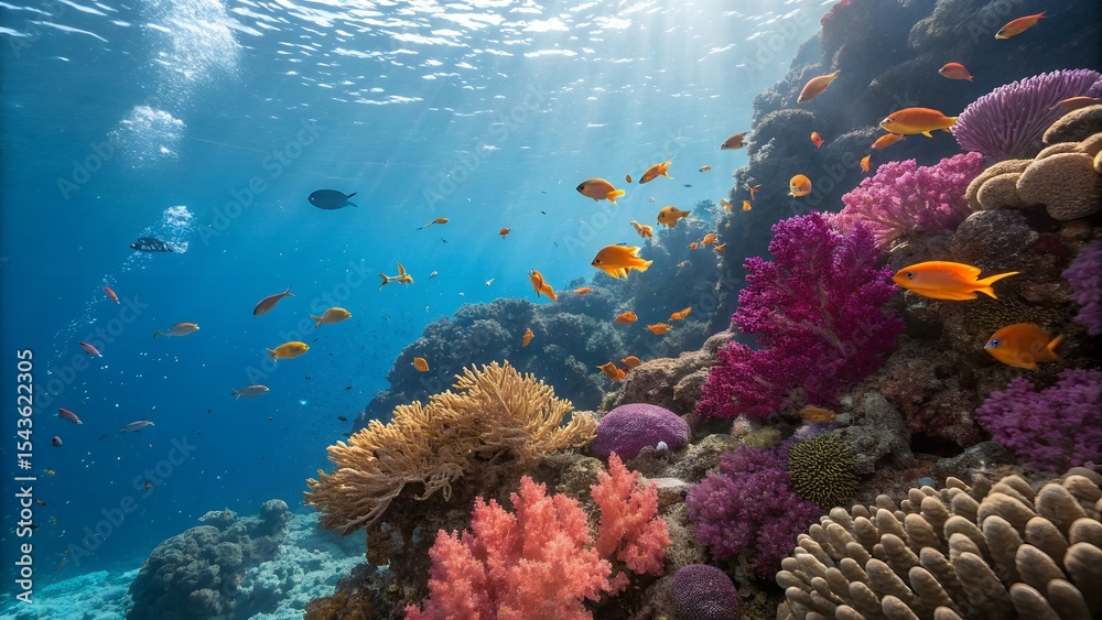 Fototapeta premium Underwater scene with coral reef and many small orange fish