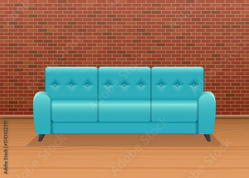 Modern turquoise couch facing a red brick wall on a light-colored wooden floor