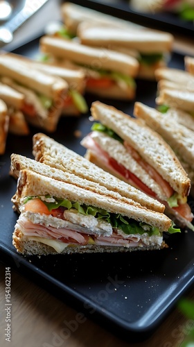 CloseUp of Delicious Ham and Cheese Sandwich Quarters with Tomato and Lettuce on Dark Tray