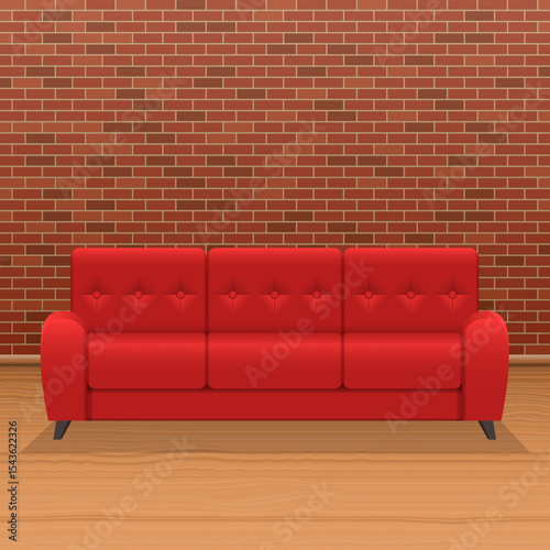 Stylish red couch against a brick wall in a minimalist interior setting.