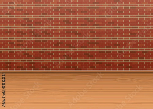Interior view of a brick wall above wooden floor. Empty space for display.