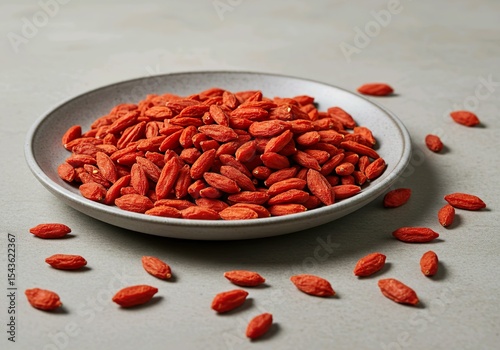 A bowl filled with goji berries and some scattered around the surface