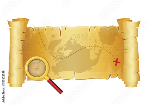 Antique treasure map scroll with a red X marking the spot, and a magnifier.