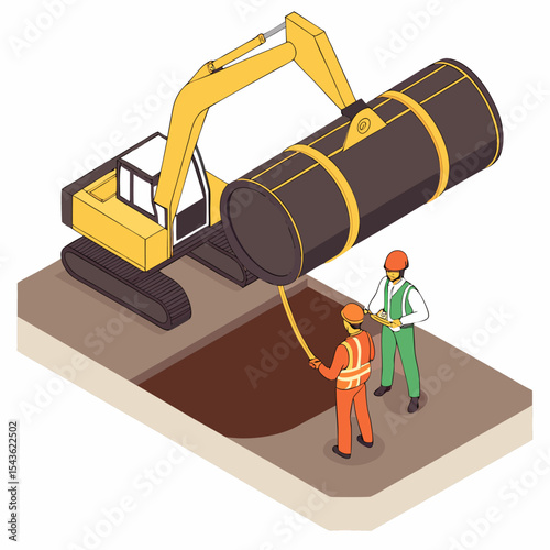 Isometric illustration of construction workers placing an underground wastewater tank using an excavator for a site sanitation system.