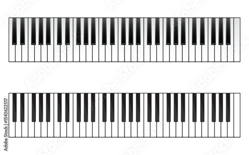 Two piano keyboards with alternating black and white keys in musical arrangement.