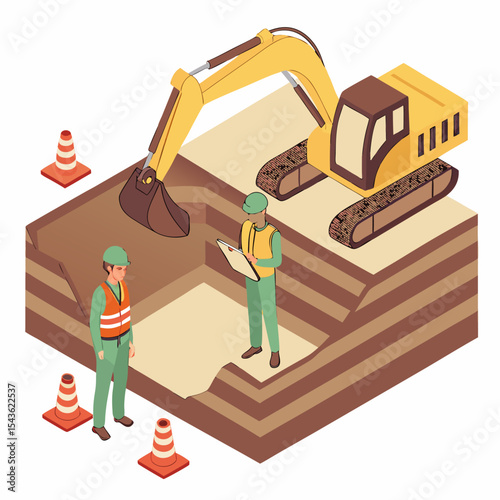 Engineers oversee pipeline installation at an excavation site in an isometric illustration, representing construction project supervision and infrastructure work.