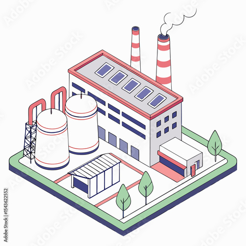 Eco-industrial concept in isometric illustration: carbon capture unit processes CO₂ into O₂ and stores emissions underground for carbon credit benefits.