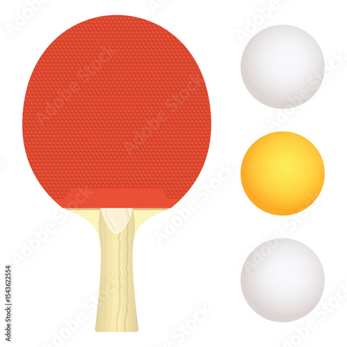 Table tennis paddle and balls in orange and white on a white background