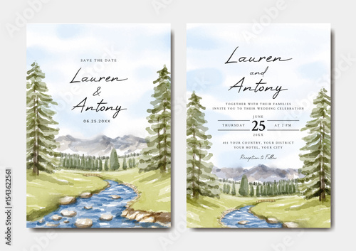 Watercolor wedding invitation of nature landscape with river and pine trees