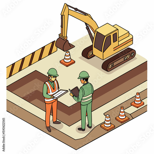 Isometric illustration of an excavation site with engineers supervising underground pipeline installation as part of a construction project.
