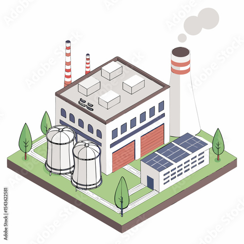 Carbon capture and storage facility shown in isometric style, converting CO₂ to O₂ for sustainable industrial operations and carbon credit compliance.