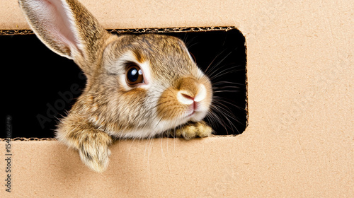 Cute rabbit peeking out from cardboard box, showcasing its curious expression and soft fur