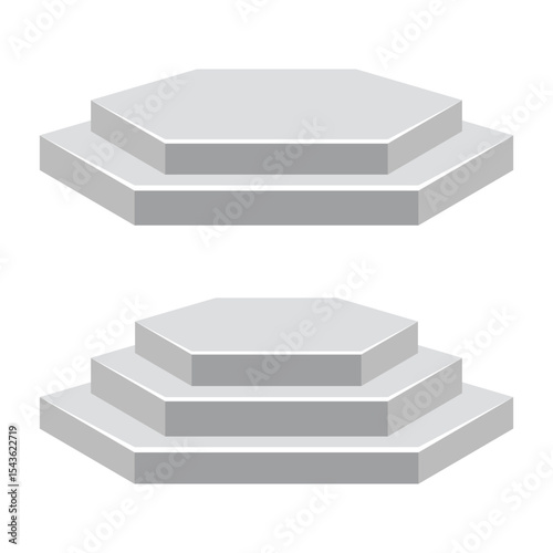 Two grey hexagonal stages, one with two steps, the other with three steps.