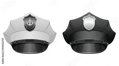 Two distinct peaked caps stand side by side, emblems adding character.