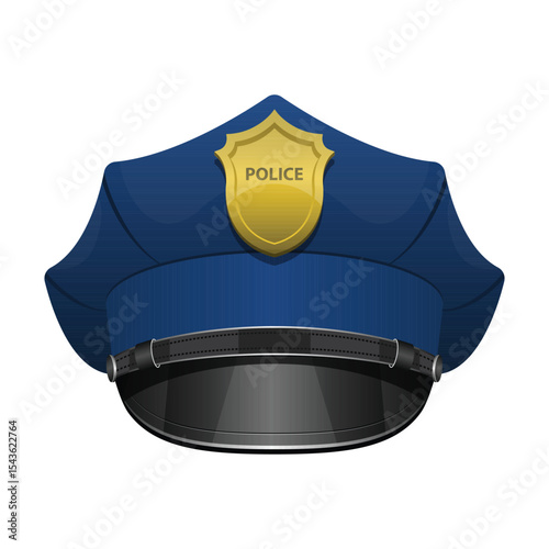 Blue police officer hat with gold badge illustration on a white backdrop.
