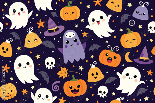 This vibrant Halloween pattern features adorable cartoon ghosts, pumpkins, witch hats, and bats on a dark navy background.