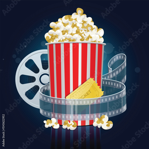 Popcorn, film reel, and ticket evoke a cinematic experience. Movie night!