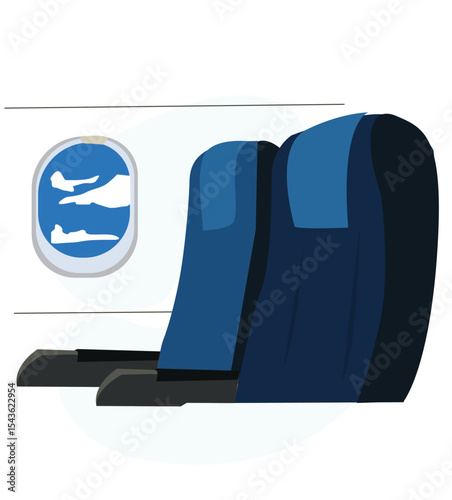 airplane seats and windows. of inside plane cabin with seat and porthole window with blue sky view. 