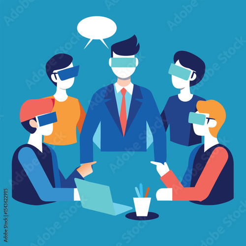 Virtual reality headset demo in innovative tech business meeting  