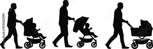 Silhouettes of parents walking with strollers, baby carriage scenes, mother and father pushing prams, family parenting moments, black illustration of child transportation, parental care concept