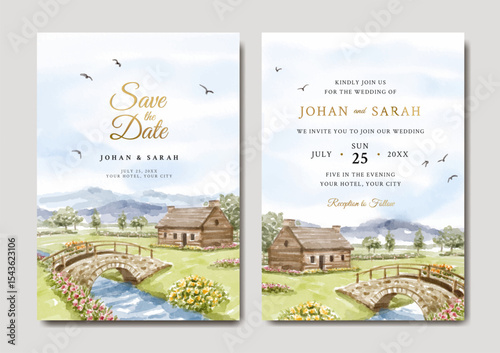 Wedding invitation of nature landscape with house and river view watercolor